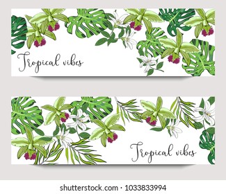 Vector horizontal exotic collection banners with hand drawn tropical leaves and flowers on white background. Design for packaging, tea shop, drink menu, homeopathy and health care products.