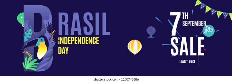 Vector horizontal flat banner 7 september day independence brazil off 50% sale. party of Brazil. Design  Illustration Flag of Brazil.colored parrot toucan in the jungle, flags, balloons, Independence 