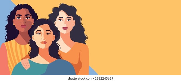 Vector horizontal flat banner for Women's Day, women of different cultures and nationalities stand side by side. Vector concept of movement for gender equality and women's empowerment