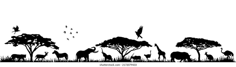 Vector horizontal flawless tropical African savannah with lion, zebra, crow, giraffe, common worm, rhino, cheetah, gazelle, monkey, ostrich, zebra, tiger, trees and birds