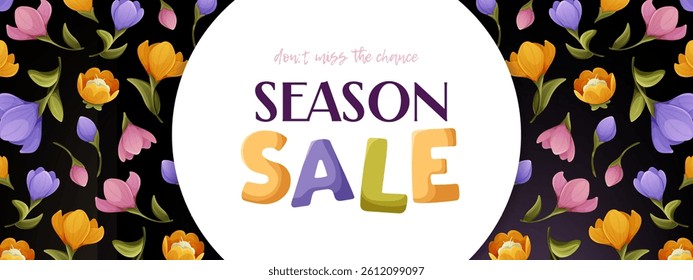 Vector horizontal floral sale banner with bright colorful tulips and crocuses on a dark purple background. Spring promotion concept for seasonal sales and flower-themed marketing