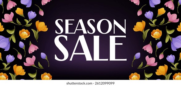Vector horizontal floral sale banner with bright colorful tulips and crocuses on a dark purple background. Spring promotion concept for seasonal sales and flower-themed marketing