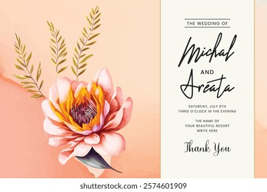 Vector horizontal flower greenery wedding invitation design with floral and watercolor