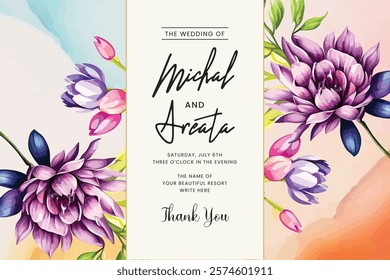 Vector horizontal flower greenery wedding invitation design with floral and watercolor