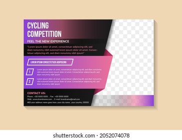 Vector horizontal flyer with space for photo on black background, ad banners use pink. Abstract poster of BMX competitions motocross template for promoting extreme mountain biking with place for text