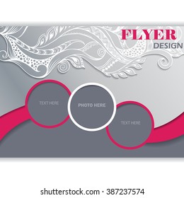 Vector Horizontal Flyer Template With Lace Ornament For Design. Editable A4 Poster For Business, Magazine Cover.