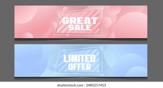 Vector horizontal flyers in gradient design for sale.Trending geometric banner for great sale, limited offer. Promo coupon for social networks,websites, applications. Isolated on gray. Place for text.