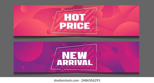 Vector horizontal flyers in gradient design for sale. Trending geometric banner hot price, new arrival. Promo coupon for social networks, websites, applications. Isolated on gray. Place for text.