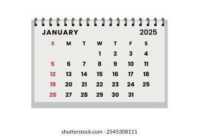 Vector Horizontal de mesa plegable enero 2025 año.  La semana del calendario comienza el domingo. Organizador de diseño de enero. Plantilla de calendario para imprimir