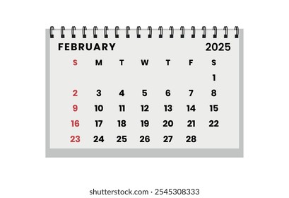 Vector Horizontal de mesa plegable Febrero 2025 año.  La semana del calendario comienza el domingo. Organizador de diseño de febrero. Plantilla de calendario para imprimir