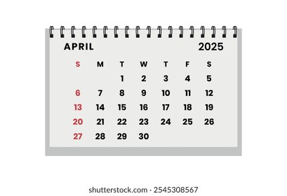 Vector Horizontal de mesa plegable abril 2025 año.  La semana del calendario comienza el domingo. Organizador de diseño de abril. Plantilla de calendario para imprimir