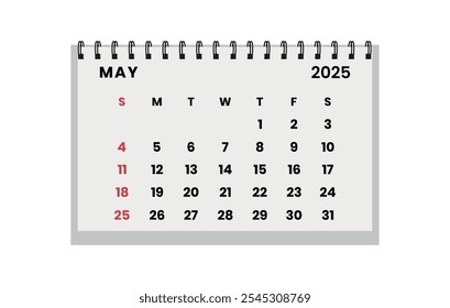 Vector Horizontal de mesa plegable Mayo 2025 año.  La semana del calendario comienza el domingo. Organizador de maquetación de mayo. Plantilla de calendario para imprimir