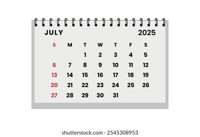 Vector Horizontal de mesa plegable Julio 2025 año.  La semana del calendario comienza el domingo. Organizador de diseño de julio. Plantilla de calendario para imprimir