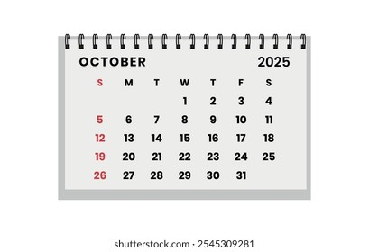 Vector Horizontal de mesa plegable Octubre 2025 año.  La semana del calendario comienza el domingo. Organizador de maquetación de octubre. Plantilla de calendario para imprimir