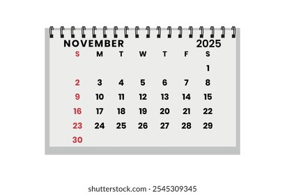 Vector Horizontal de mesa plegable noviembre 2025 año.  La semana del calendario comienza el domingo. Organizador de maquetación de noviembre. Plantilla de calendario para imprimir