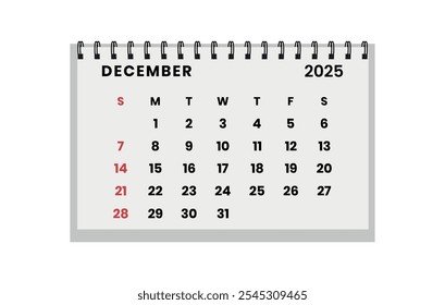 Vector Horizontal de mesa plegable diciembre 2025 año.  La semana del calendario comienza el domingo. Organizador de diseño de diciembre. Plantilla de calendario para imprimir