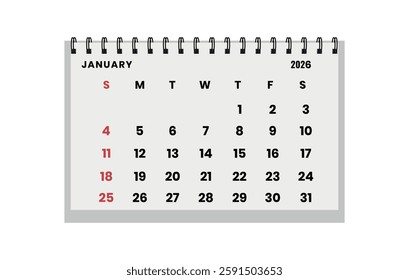 Vector horizontal folding desk calendar January 2026 year. Calendar week starts Sunday. January layout organizer. Calendar template for printing