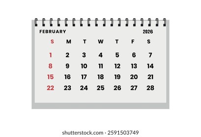 Vector horizontal folding desk calendar February 2026 year. Calendar week starts Sunday. February layout organizer. Calendar template for printing