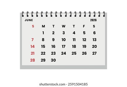 Vector horizontal folding desk calendar June 2026 year. Calendar week starts Sunday. June layout organizer. Calendar template for printing
