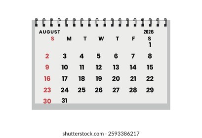 Vector horizontal folding desk calendar August 2026 year. Calendar week starts Sunday. August layout organizer. Calendar template for printing