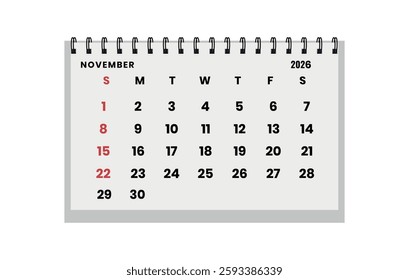 Vector horizontal folding desk calendar November 2026 year. Calendar week starts Sunday. November layout organizer. Calendar template for printing