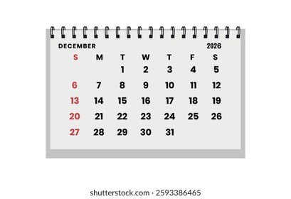 Vector horizontal folding desk calendar December 2026 year. Calendar week starts Sunday. December layout organizer. Calendar template for printing
