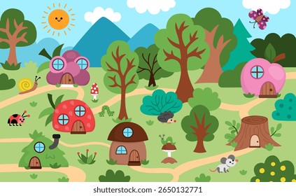 Vetor paisagem florestal horizontal com pequenas casas em forma de cogumelo, baga, coto de árvore e animais bonitos e insetos. Cena de floresta ou fundo mágico natureza com fantasia acolhedora cabana

