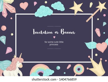 Vector horizontal frame with colored unicorns. Card template for children event. Girlish cute invitation or banner design.
