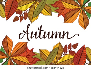 Vector horizontal frame with colorful autumn leaves on a white background.
