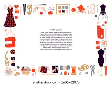 Vector horizontal frame made of objects and materials for courses on sewing, embroidery, knitting. Template for text, poster, postcard, brochure. Place for text. White isolated background.