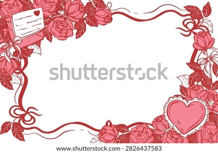 Vector horizontal frame with pink roses and a love letter. A bouquet of flowers with a bow and a message from someone who adores you. A quick ink sketch. Valentine's Day template in Coquette style.
