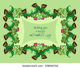 Vector horizontal frame for St. Patrick's Day. From Leprechaun's boots, clover leaves and flowers.