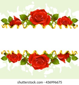 Vector horizontal frame whith red roses and golden ribbon