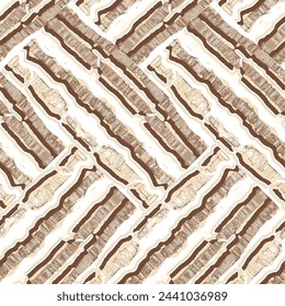 vector, horizontal, geometric, abstract tree bark motif pattern, plaited braids on white background. Brown, beige, white. Perfect for bedding, dining room, home decoration, interior design. Brown