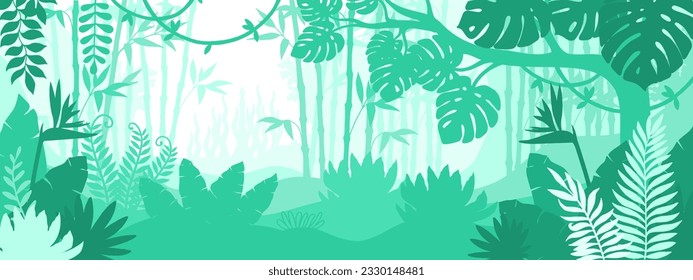 Vector horizontal green background in a cut paper style. Tropical plants, rainforest