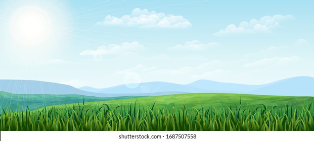 vector horizontal green Summer landscape. sunny idyllic Spring background with green meadows, rural fields and meadows, mountains, blue sky, fluffy clouds. realistic nature scene. countryside banner