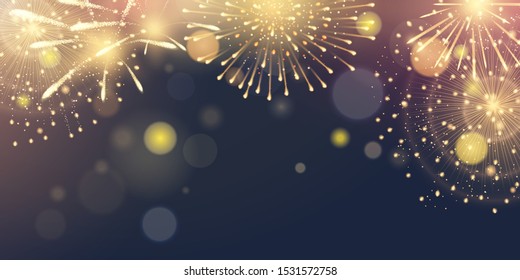 Vector horizontal greeting banner with gold fireworks in night sky. Festive lights on blue background with effect bokeh for design of holiday poster and celebratory flyer. File contains clipping mask.