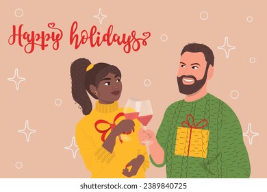 Vector horizontal greeting card for Christmas and New Year. Happy holidays card with couple.