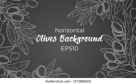 Vector horizontal hand drawn banner template with line art olive branch, leaves, berry and copy space for your text on black board. Olives chalk illustration background in sketch style. 