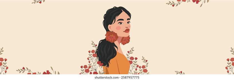 Vector horizontal holiday illustration, banner with place for text. International Women's Day. Beautiful woman on floral background. Women's empowerment. For social networks and women's projects