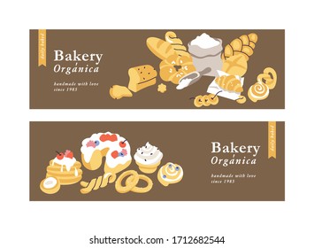 Vector horizontal illustartion vintage basket full of bakery food. Assortment of different pastries. Cards for pastry store