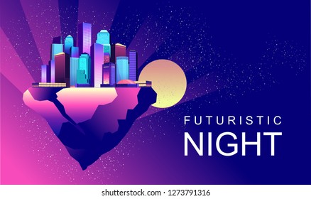 vector horizontal illustration abstract banner with futuristic night flying city on a clump of earth or rock in outer space