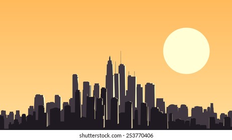 Vector horizontal illustration of abstract big city and skyscrapers with glare from sun.