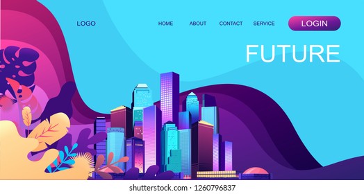 Vector horizontal illustration. Abstract landing page banner on the Internet for your use. Fantastic city.