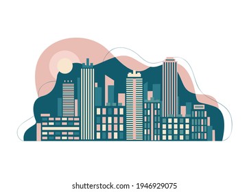 Vector horizontal illustration of abstract night city landscape with skyscrapers and moon in simple modern style