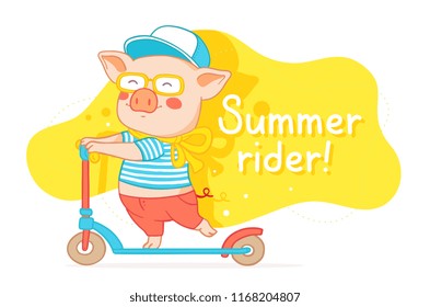Vector horizontal illustration of active pink piglet in cap, sun glasses enjoy rolling on a scooter. Color flat style design of sport character rider pig for web, banner, funny poster, greeting card