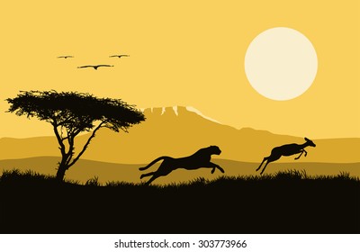 Vector Horizontal  Illustration Of Africa. Wild Life. Hunting. Africa Logo. Jaguar And Antelope. Tree And Animals.
