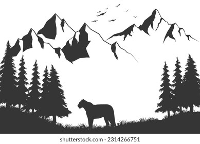 Vector horizontal illustration of African wildlife leopard. Jaguar and mountain silhouette. Tree and animals
