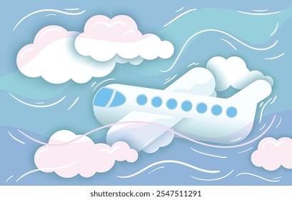 Vector horizontal illustration with airplane flying in the sky. Cut out paper applique. Passenger aviation, flights, travel. Buying a plane ticket. Fly on a plane