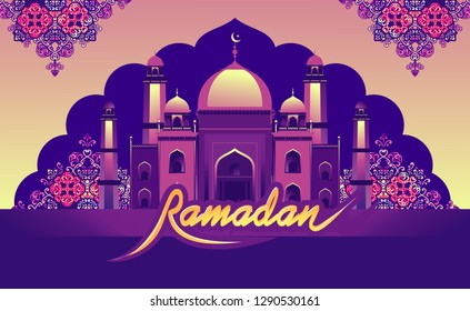 vector horizontal illustration of an arab mosque on the background of the night sky in the window opening